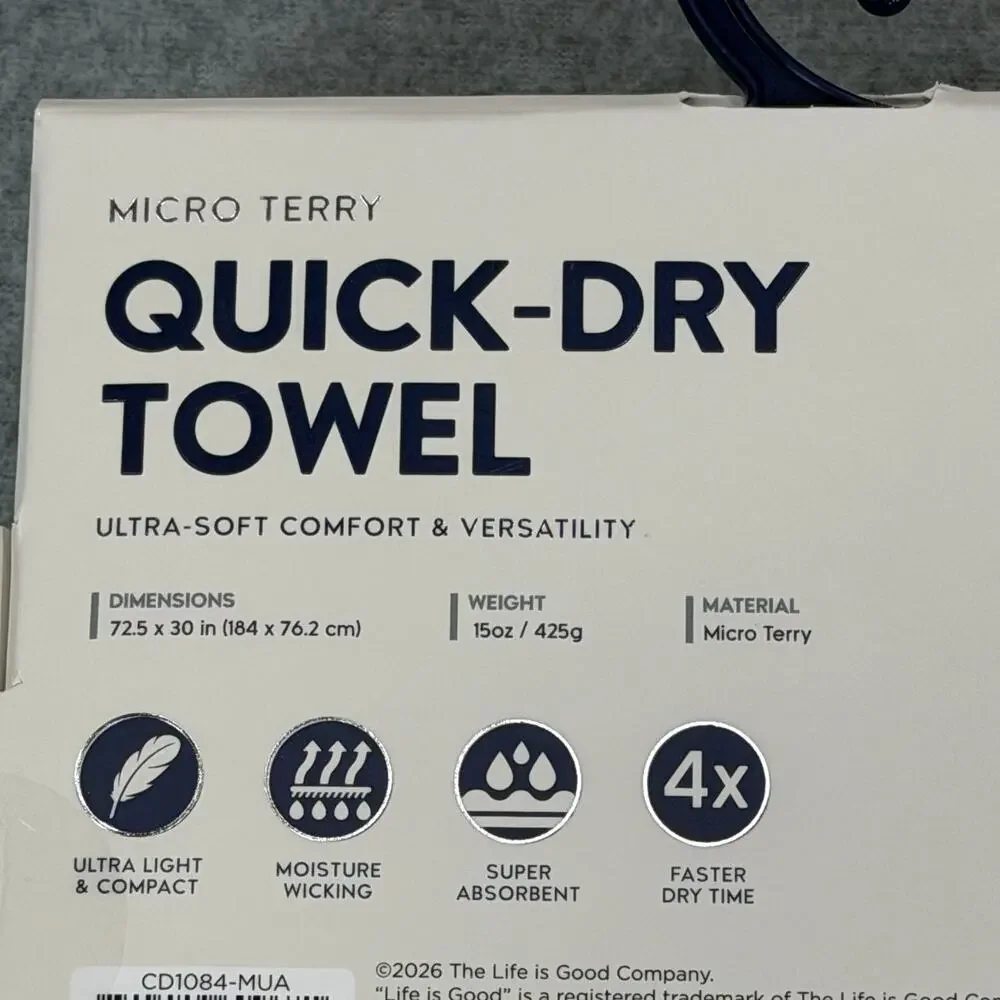Life is Good Quick Dry Towel Micro Terry Beach Camp Travel Fish 72x30 Green NWT